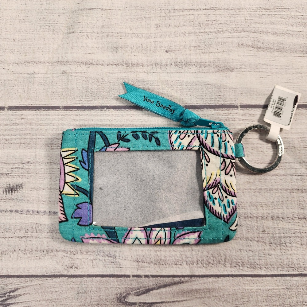 Vera Bradley Zip ID Case Peacock Garden Teal Floral Cotton Wallet 14559-12010